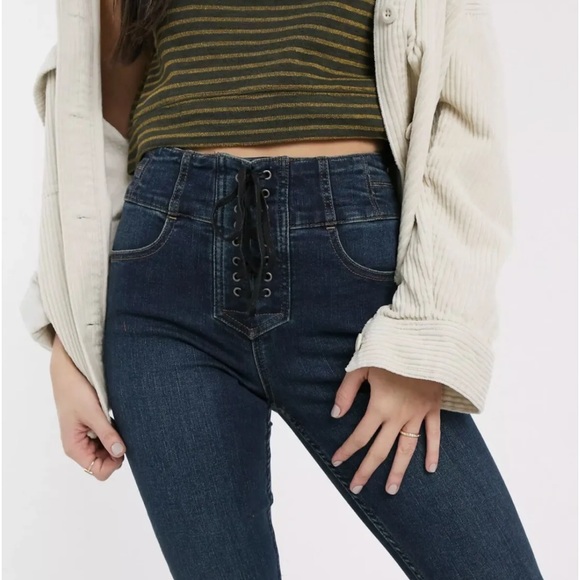 Free People Crvy Lover's Knot Lace Up High Rise Skinny Jeans - Picture 3 of 6